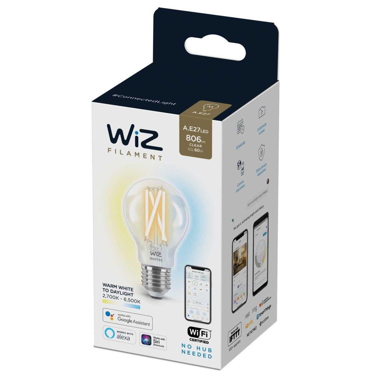 Лампа светодиодная филаментная диммируемая WiZ E27 7W 2700-6500K прозрачная Wi-Fi BLE 60WA60E27927-65CL1PF/6 929003017201 