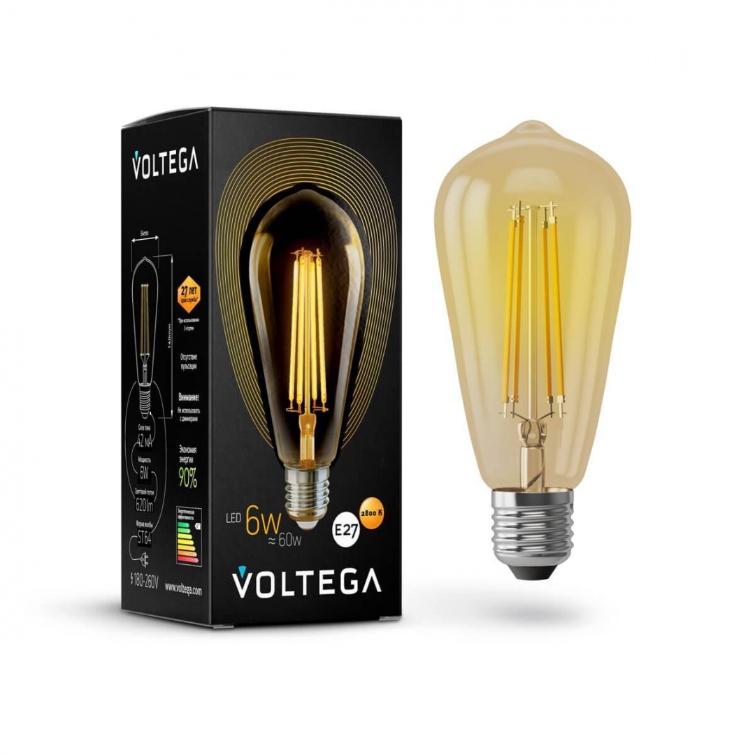 Лампа светодиодная филаментная Voltega E27 6W 2800К золотая VG10-ST64Gwarm6W 5526 